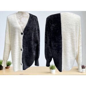 Black White Colorblock Fuzzy Cardigan Sweater Size XL Oversized Drop Shoulder